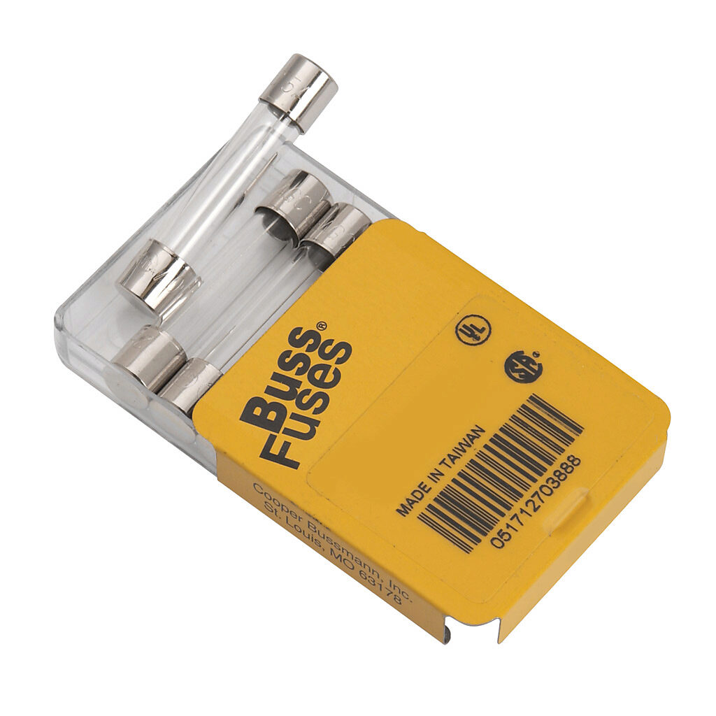 AGC5 - Bussmann fuse, AGC series, small dimension, fast-acting, 5A, 250 VAC, glass tube. Package of 5. Supplemental, electronic protection applications. Manufacturer part number: AGC-5-R.