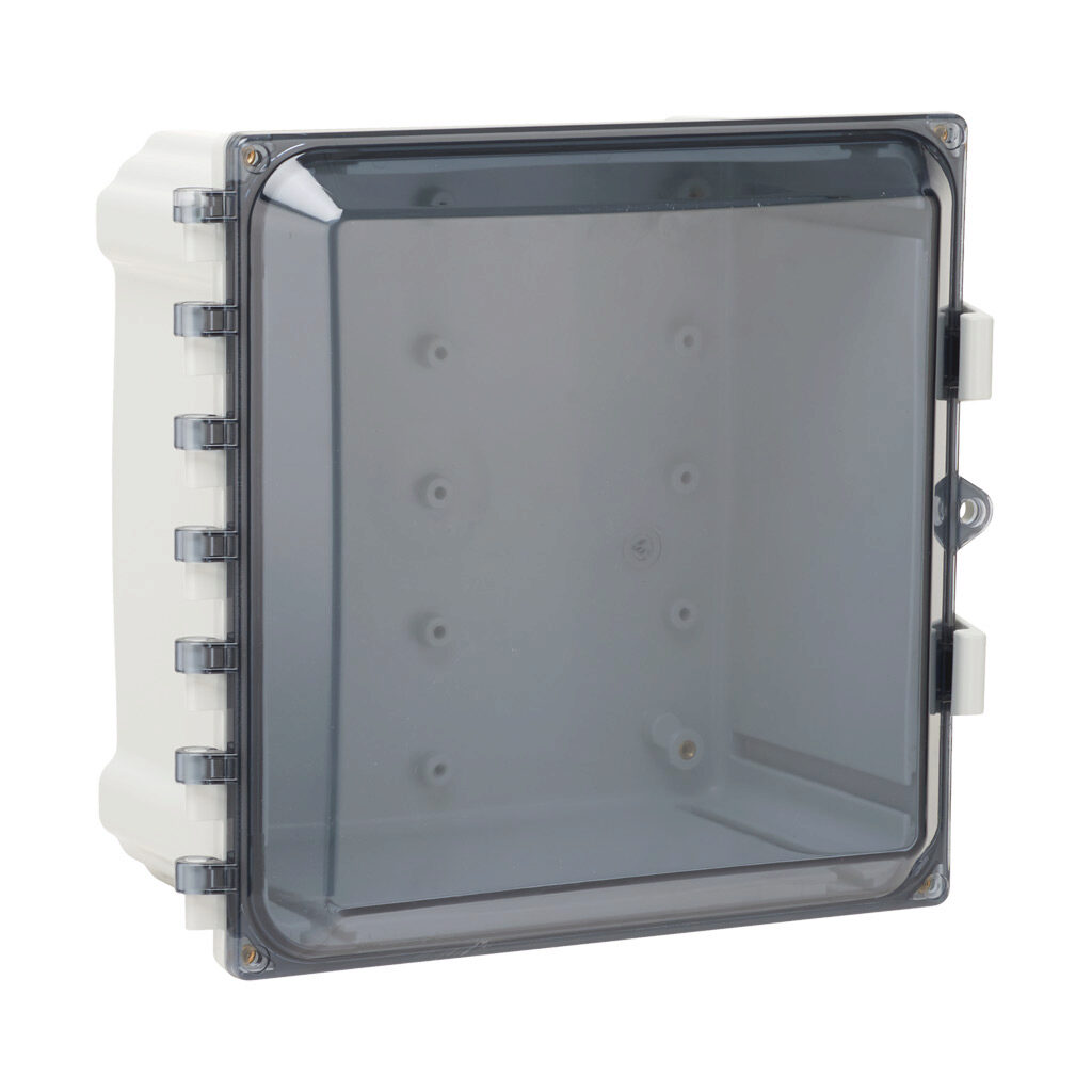 AH10106C - AttaBox Heartland series enclosure, NEMA 1/3R/4/4X/12, 10 x 10 x 6in (HxWxD), wall mount, polycarbonate, Pantone 7541 C light gray, smoked polycarbonate single-door, polycarbonate quick-release latch, molded hasp.