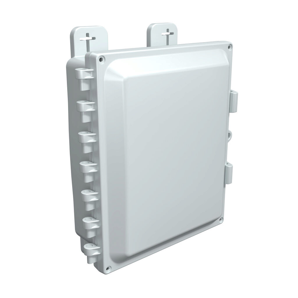 AH1083 - AttaBox Heartland SL series enclosure, NEMA 1/3R/4/4X/12, 10 x 8 x 3in (HxWxD), wall mount, polycarbonate, Pantone 7541 C light gray, single-door, polycarbonate quick-release latch, molded hasp.