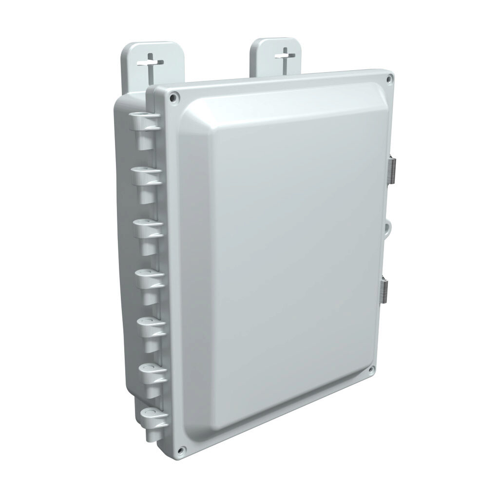 AH1083SS - AttaBox Heartland SL series enclosure, NEMA 1/3R/4/4X/12, 10 x 8 x 3in (HxWxD), wall mount, polycarbonate, Pantone 7541 C light gray, single-door, stainless steel quick-release latch, molded hasp.