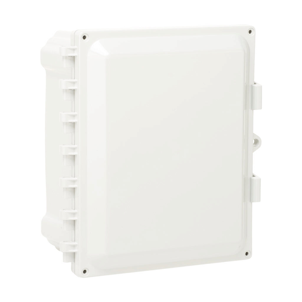 AH1084 - AttaBox Heartland series enclosure, NEMA 1/3R/4/4X/12, 10 x 8 x 4in (HxWxD), wall mount, polycarbonate, Pantone 7541 C light gray, single-door, polycarbonate quick-release latch, molded hasp.