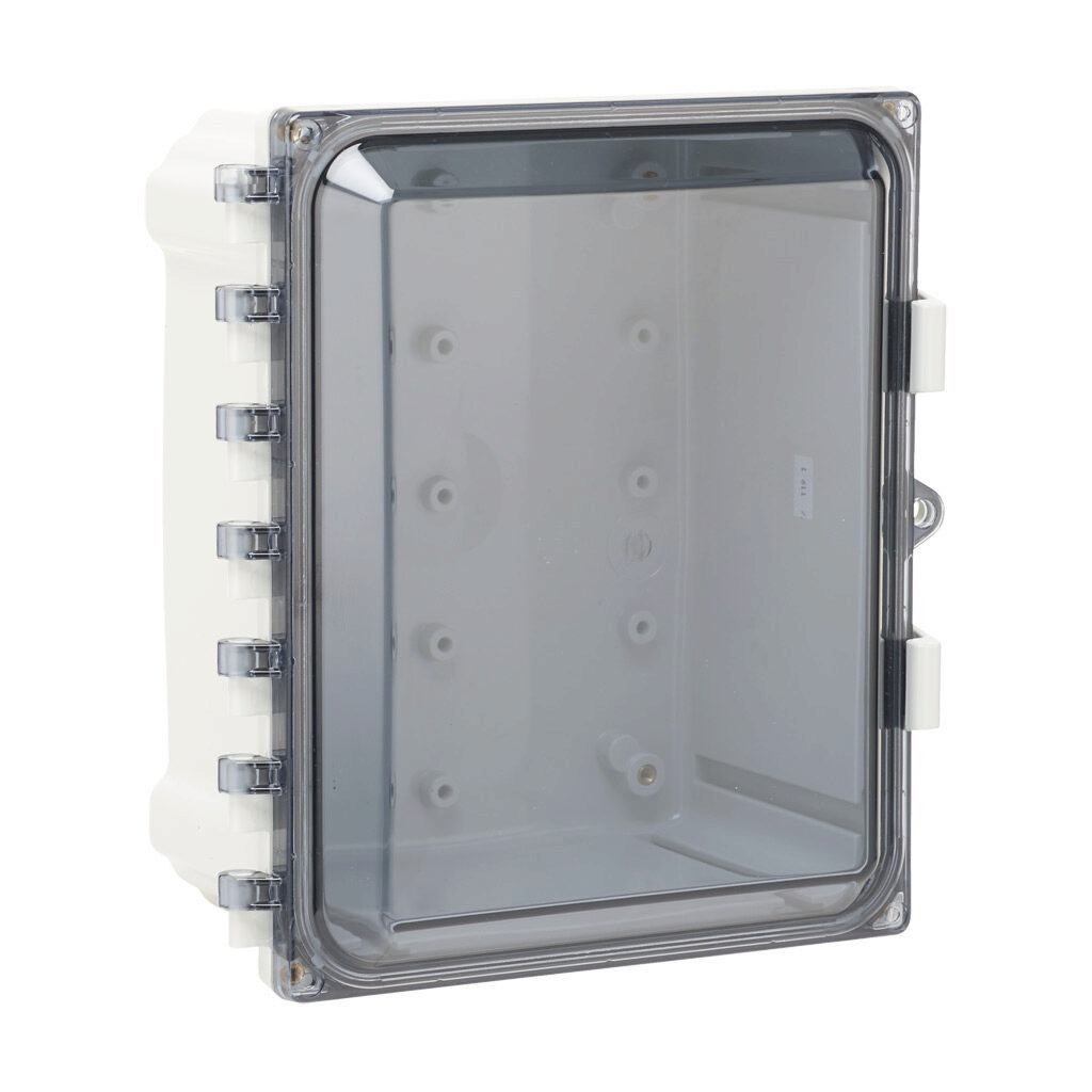 AH1084C - AttaBox Heartland series enclosure, NEMA 1/3R/4/4X/12, 10 x 8 x 4in (HxWxD), wall mount, polycarbonate, Pantone 7541 C light gray, smoked polycarbonate single-door, polycarbonate quick-release latch, molded hasp.
