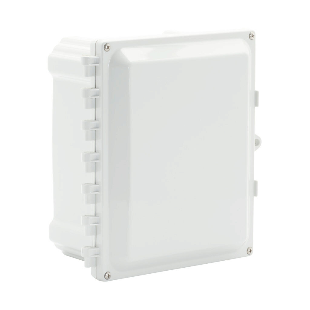 AH1084HW - AttaBox Heartland series enclosure, NEMA 1/3R/4/4X/6P/12, 10 x 8 x 4in (HxWxD), wall mount, polycarbonate, Pantone 7541 C light gray, hinged screw cover, molded hasp.