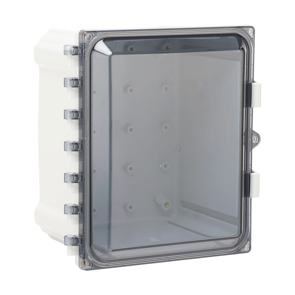 AH1086C - AttaBox Heartland series enclosure, NEMA 1/3R/4/4X/12, 10 x 8 x 6in (HxWxD), wall mount, polycarbonate, Pantone 7541 C light gray, smoked polycarbonate single-door, polycarbonate quick-release latch, molded hasp.