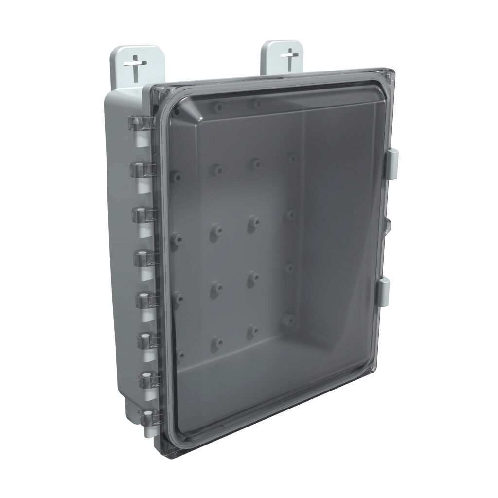 AH12104C - AttaBox Heartland SL series enclosure, NEMA 1/3R/4/4X/12, 12 x 10 x 4in (HxWxD), wall mount, polycarbonate, Pantone 7541 C light gray, smoked polycarbonate single-door, polycarbonate quick-release latch, molded hasp.