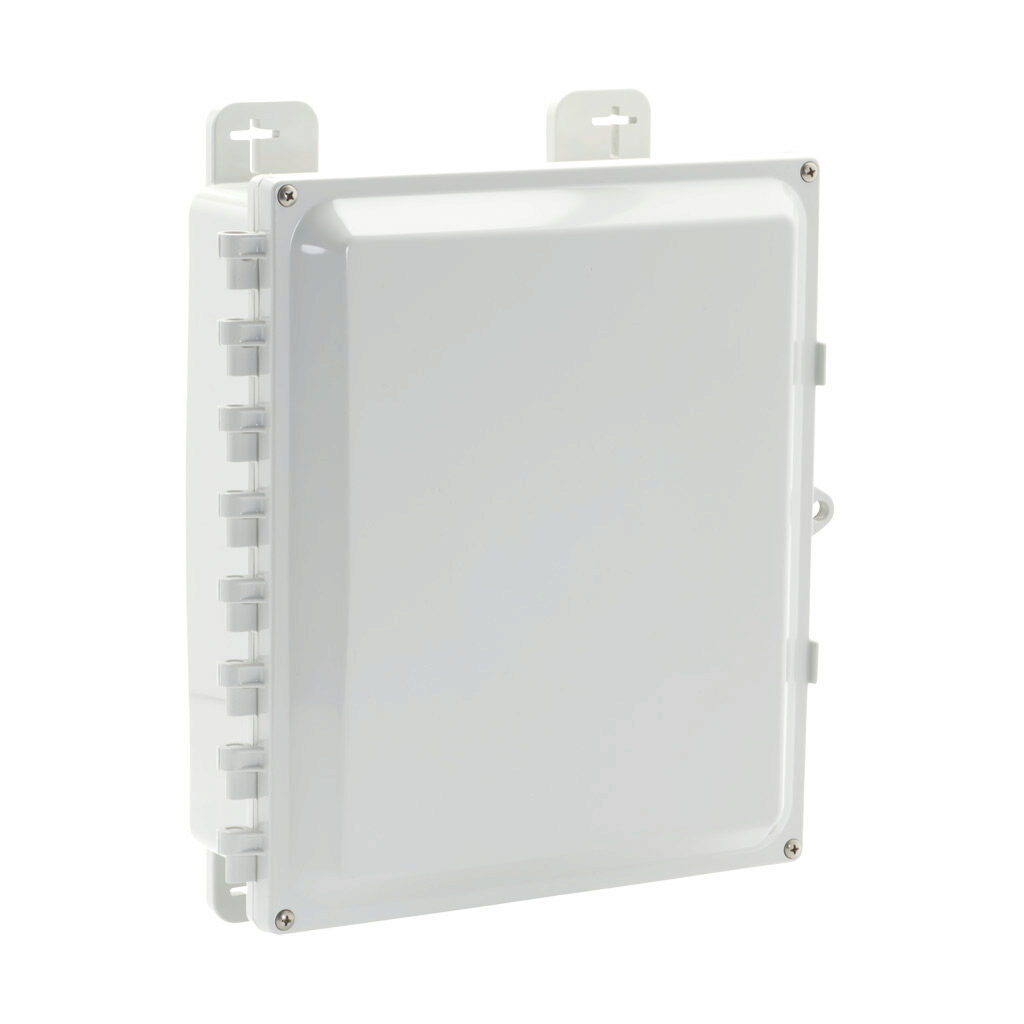 AH12104HW - AttaBox Heartland SL series enclosure, NEMA 1/3R/4/4X/6P/12, 12 x 10 x 4in (HxWxD), wall mount, polycarbonate, Pantone 7541 C light gray, hinged screw cover, molded hasp.