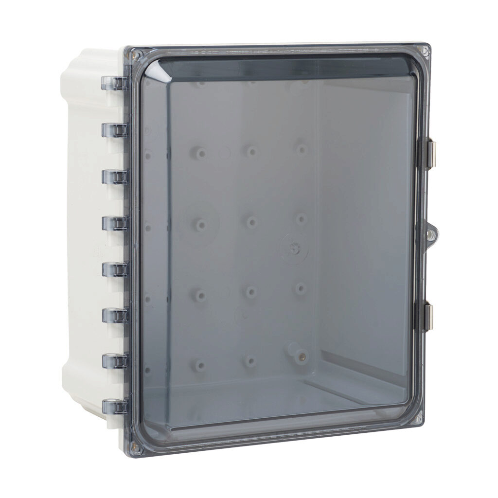 AH12106CSS - AttaBox Heartland series enclosure, NEMA 1/3R/4/4X/12, 12 x 10 x 6in (HxWxD), wall mount, polycarbonate, Pantone 7541 C light gray, smoked polycarbonate single-door, stainless steel quick-release latch, molded hasp.