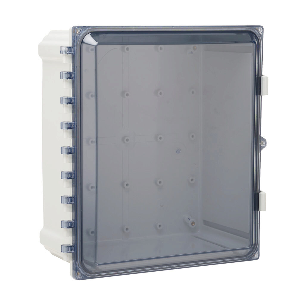 AH14126C - AttaBox Heartland series enclosure, NEMA 1/3R/4/4X/12, 14 x 12 x 6in (HxWxD), wall mount, polycarbonate, Pantone 7541 C light gray, smoked polycarbonate single-door, polycarbonate quick-release latch, molded hasp.