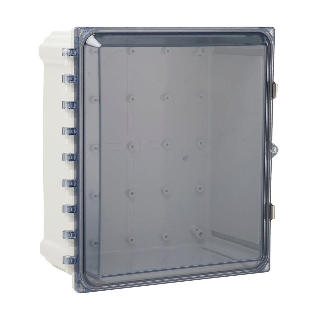 AH14126CSS - AttaBox Heartland series enclosure, NEMA 1/3R/4/4X/12, 14 x 12 x 6in (HxWxD), wall mount, polycarbonate, Pantone 7541 C light gray, smoked polycarbonate single-door, stainless steel quick-release latch, molded hasp.