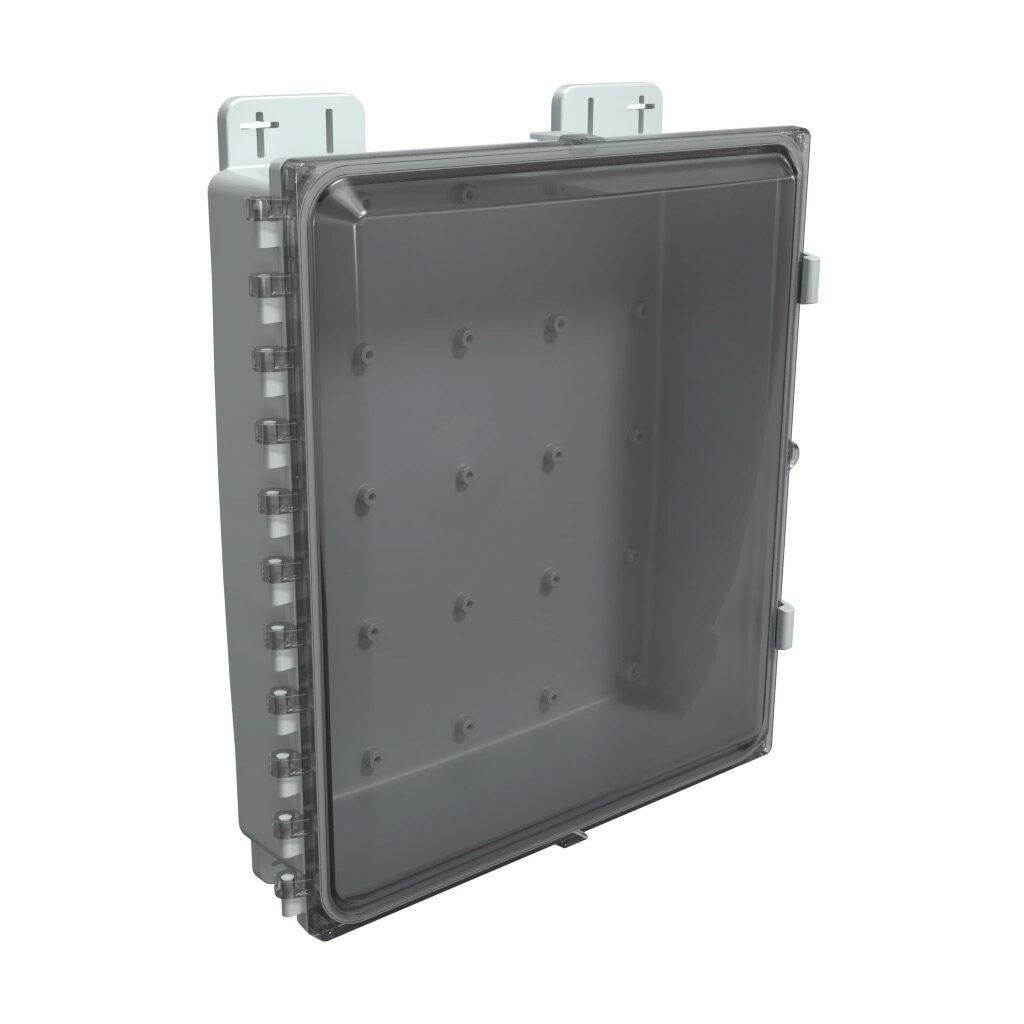 AH16144C - AttaBox Heartland SL series enclosure, NEMA 1/3R/4/4X/12, 16 x 14 x 4in (HxWxD), wall mount, polycarbonate, Pantone 7541 C light gray, smoked polycarbonate single-door, polycarbonate quick-release latch, molded hasp.