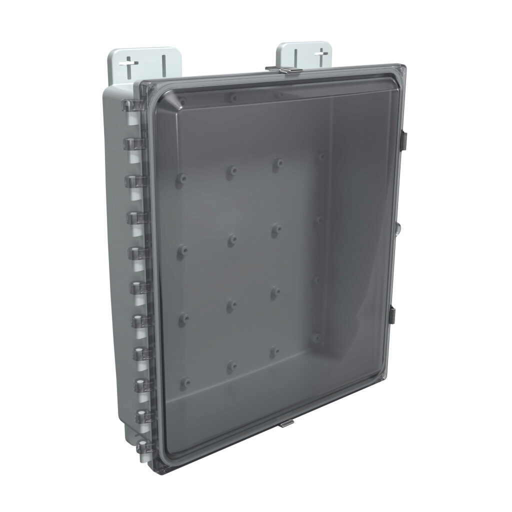 AH16144CSS - AttaBox Heartland SL series enclosure, NEMA 1/3R/4/4X/12, 16 x 14 x 4in (HxWxD), wall mount, polycarbonate, Pantone 7541 C light gray, smoked polycarbonate single-door, stainless steel quick-release latch, molded hasp.