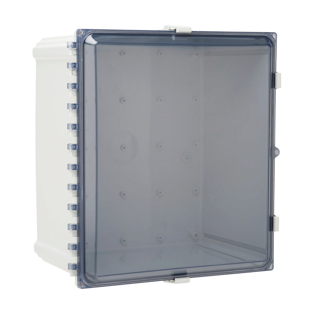 AH181610C - AttaBox Heartland series enclosure, NEMA 1/3R/4/4X/12, 18 x 16 x 10in (HxWxD), wall mount, polycarbonate, Pantone 7541 C light gray, smoked polycarbonate single-door, polycarbonate quick-release latch, molded hasp.
