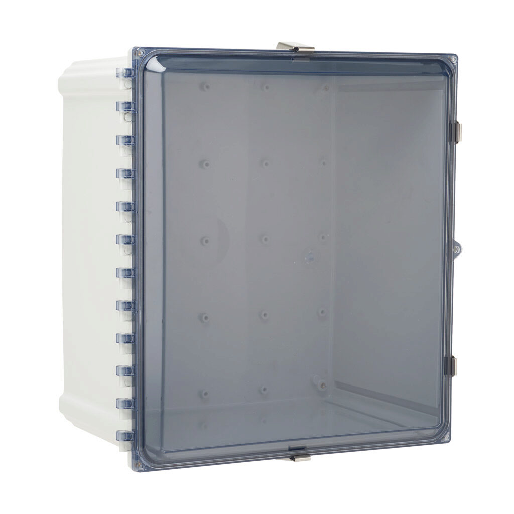 AH181610CSS - AttaBox Heartland series enclosure, NEMA 1/3R/4/4X/12, 18 x 16 x 10in (HxWxD), wall mount, polycarbonate, Pantone 7541 C light gray, smoked polycarbonate single-door, stainless steel quick-release latch, molded hasp.