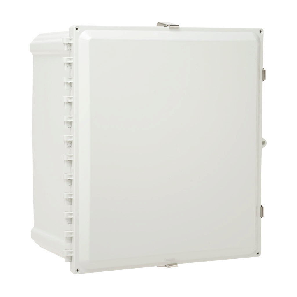 AH181610SS - AttaBox Heartland series enclosure, NEMA 1/3R/4/4X/12, 18 x 16 x 10in (HxWxD), wall mount, polycarbonate, Pantone 7541 C light gray, single-door, stainless steel quick-release latch, molded hasp.