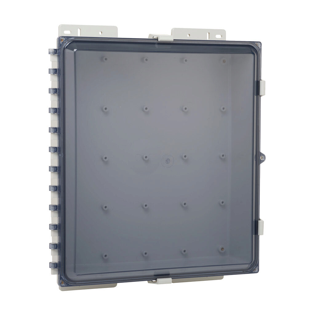 AH18164C - AttaBox Heartland SL series enclosure, NEMA 1/3R/4/4X/12, 18 x 16 x 4in (HxWxD), wall mount, polycarbonate, Pantone 7541 C light gray, smoked polycarbonate single-door, polycarbonate quick-release latch, molded hasp.