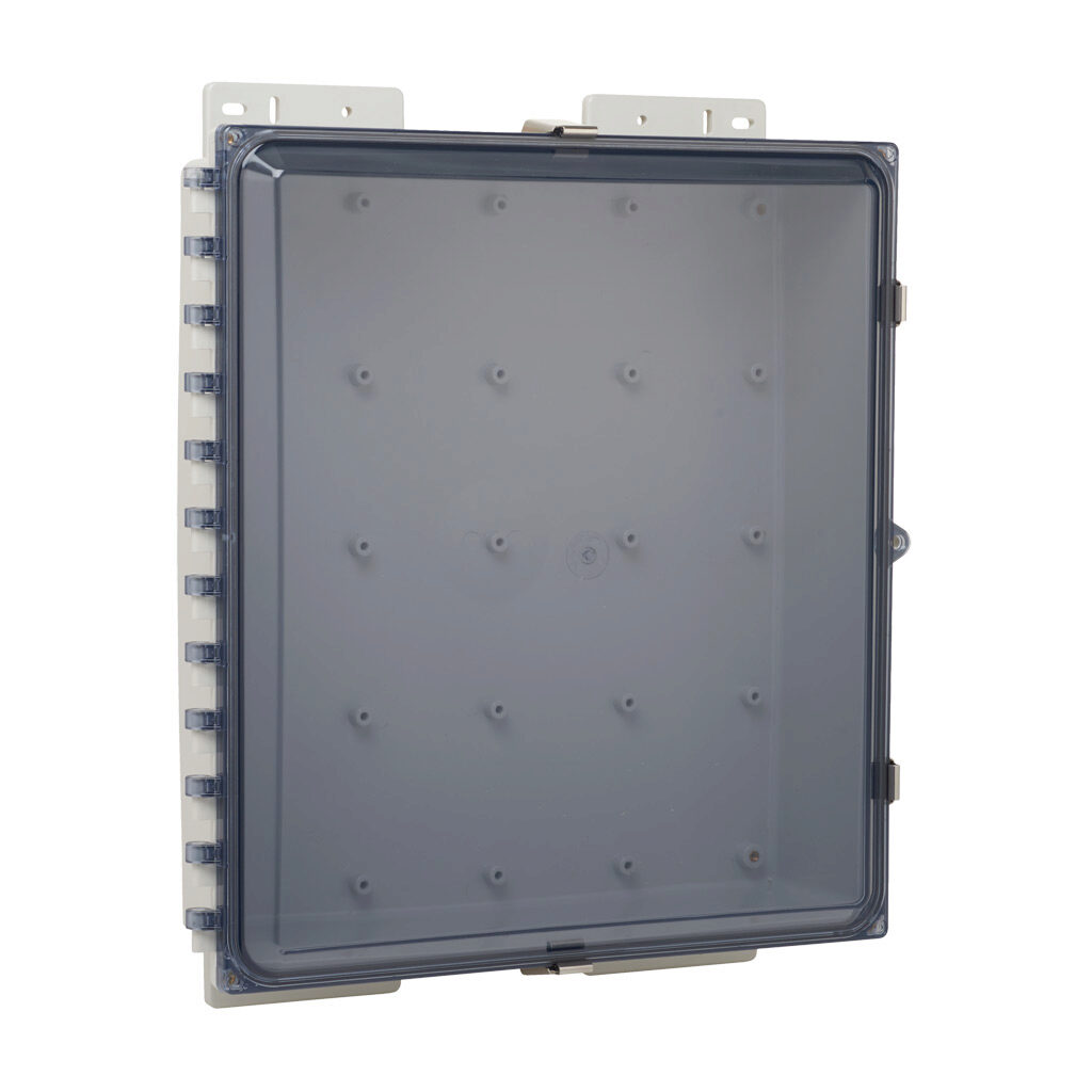 AH18164CSS - AttaBox Heartland SL series enclosure, NEMA 1/3R/4/4X/12, 18 x 16 x 4in (HxWxD), wall mount, polycarbonate, Pantone 7541 C light gray, smoked polycarbonate single-door, stainless steel quick-release latch, molded hasp.