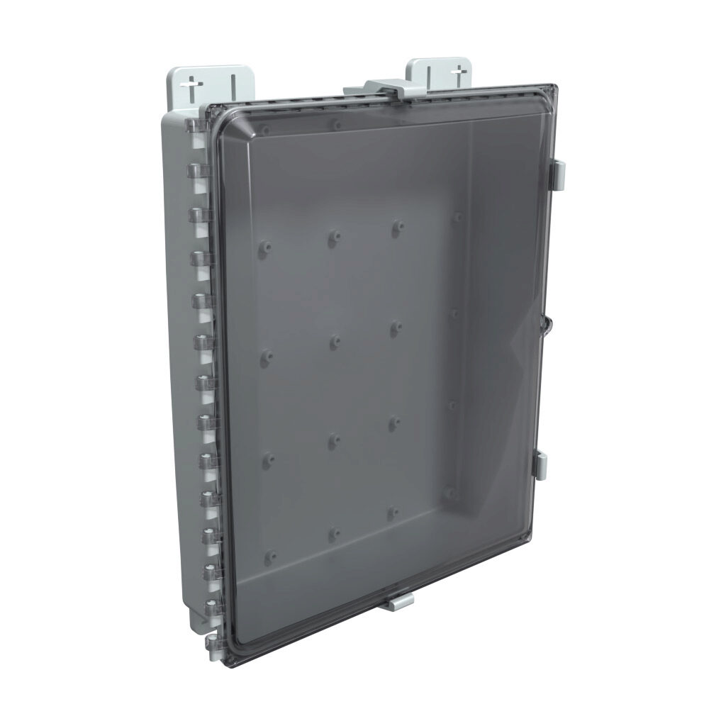 AH20164C - AttaBox Heartland SL series enclosure, NEMA 1/3R/4/4X/12, 20 x 16 x 4in (HxWxD), wall mount, polycarbonate, Pantone 7541 C light gray, smoked polycarbonate single-door, polycarbonate quick-release latch, molded hasp.