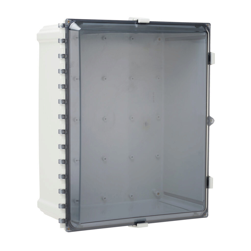 AH20168C - AttaBox Heartland series enclosure, NEMA 1/3R/4/4X/12, 20 x 16 x 8in (HxWxD), wall mount, polycarbonate, Pantone 7541 C light gray, smoked polycarbonate single-door, polycarbonate quick-release latch, molded hasp.