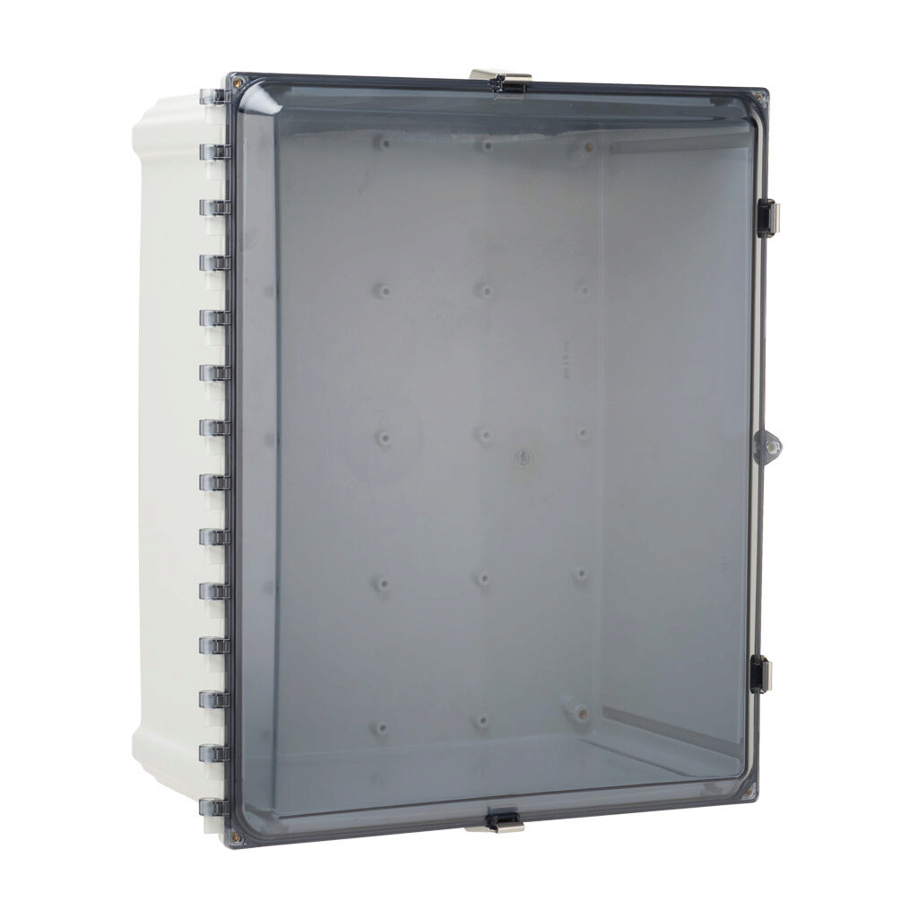 AH20168CSS - AttaBox Heartland series enclosure, NEMA 1/3R/4/4X/12, 20 x 16 x 8in (HxWxD), wall mount, polycarbonate, Pantone 7541 C light gray, smoked polycarbonate single-door, stainless steel quick-release latch, molded hasp.