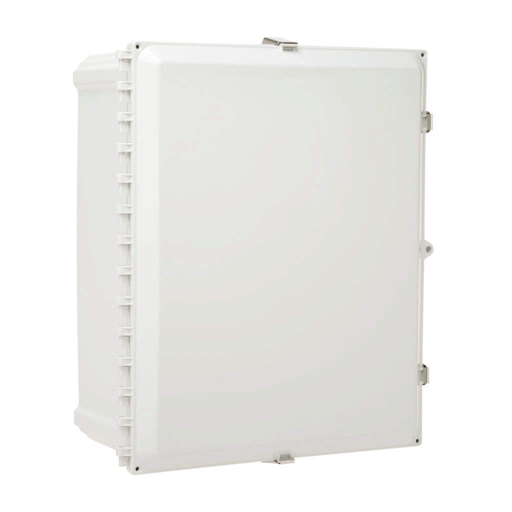 AH20168SS - AttaBox Heartland series enclosure, NEMA 1/3R/4/4X/12, 20 x 16 x 8in (HxWxD), wall mount, polycarbonate, Pantone 7541 C light gray, single-door, stainless steel quick-release latch, molded hasp.
