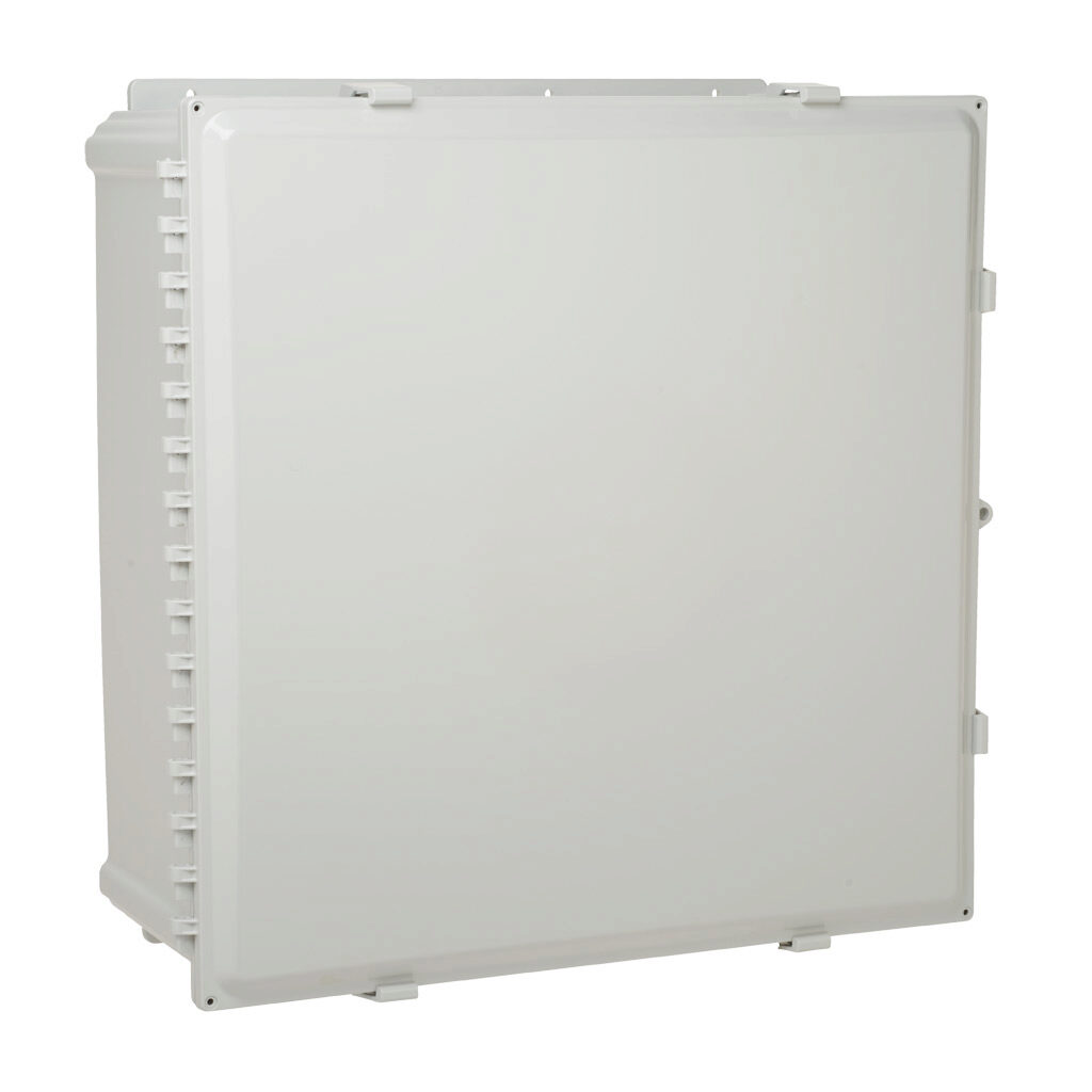 AH242410 - AttaBox Heartland series enclosure, NEMA 1/3R/4/4X/12, 24 x 24 x 10in (HxWxD), wall mount, polycarbonate, Pantone 7541 C light gray, single-door, polycarbonate quick-release latch, molded hasp, integral mounting flange.