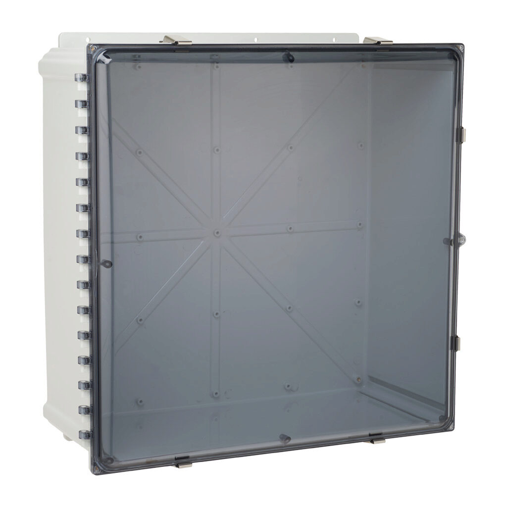 AH242410CSS - AttaBox Heartland series enclosure, NEMA 1/3R/4/4X/12, 24 x 24 x 10in (HxWxD), wall mount, polycarbonate, Pantone 7541 C light gray, smoked polycarbonate single-door, stainless steel quick-release latch, molded hasp, integral mountin...
