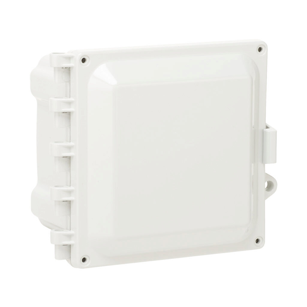 AH664 - AttaBox Heartland series enclosure, NEMA 1/3R/4/4X/12, 6 x 6 x 4in (HxWxD), wall mount, polycarbonate, Pantone 7541 C light gray, single-door, polycarbonate quick-release latch, molded hasp.