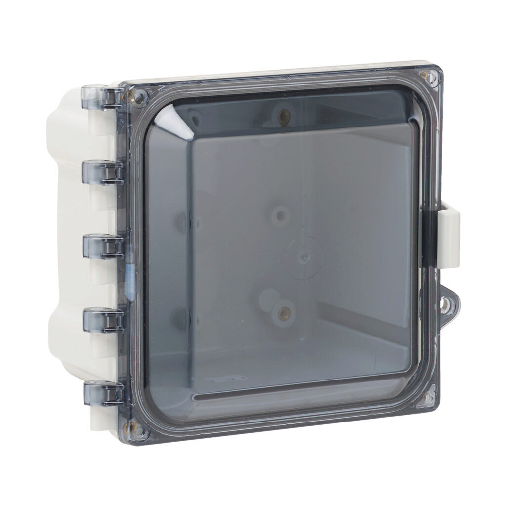 AH664C - AttaBox Heartland series enclosure, NEMA 1/3R/4/4X/12, 6 x 6 x 4in (HxWxD), wall mount, polycarbonate, Pantone 7541 C light gray, smoked polycarbonate single-door, polycarbonate quick-release latch, molded hasp.