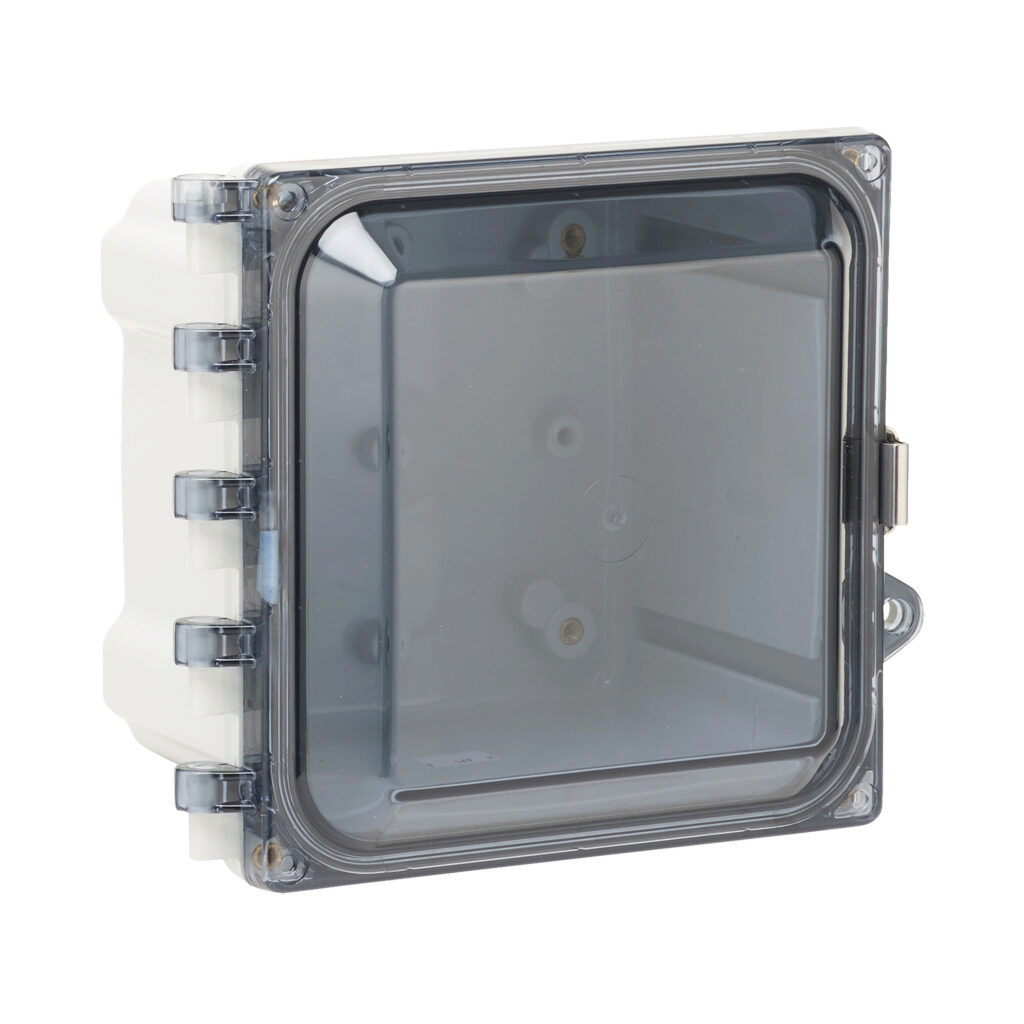 AH664CSS - AttaBox Heartland series enclosure, NEMA 1/3R/4/4X/12, 6 x 6 x 4in (HxWxD), wall mount, polycarbonate, Pantone 7541 C light gray, smoked polycarbonate single-door, stainless steel quick-release latch, molded hasp.