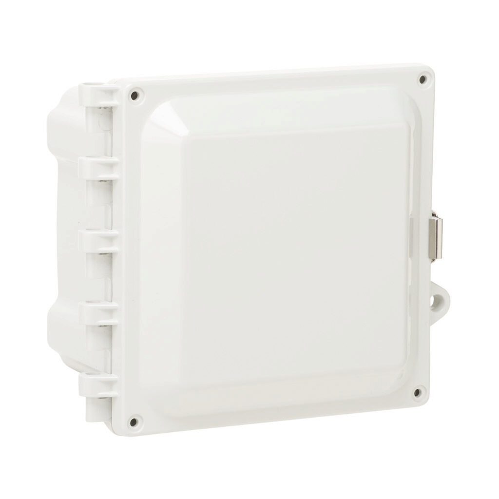 AH664SS - AttaBox Heartland series enclosure, NEMA 1/3R/4/4X/12, 6 x 6 x 4in (HxWxD), wall mount, polycarbonate, Pantone 7541 C light gray, single-door, stainless steel quick-release latch, molded hasp.