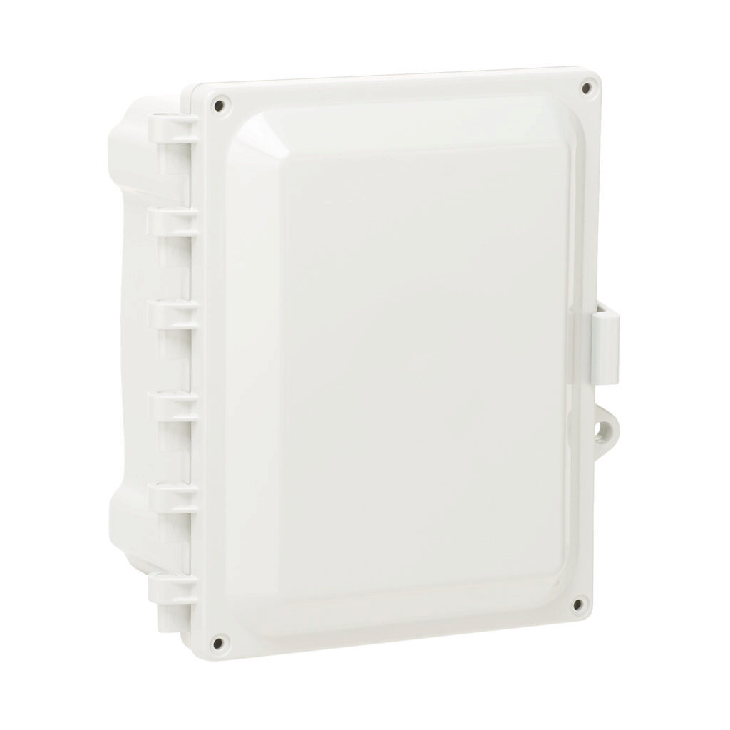 AH864 - AttaBox Heartland series enclosure, NEMA 1/3R/4/4X/12, 8 x 6 x 4in (HxWxD), wall mount, polycarbonate, Pantone 7541 C light gray, single-door, polycarbonate quick-release latch, molded hasp.