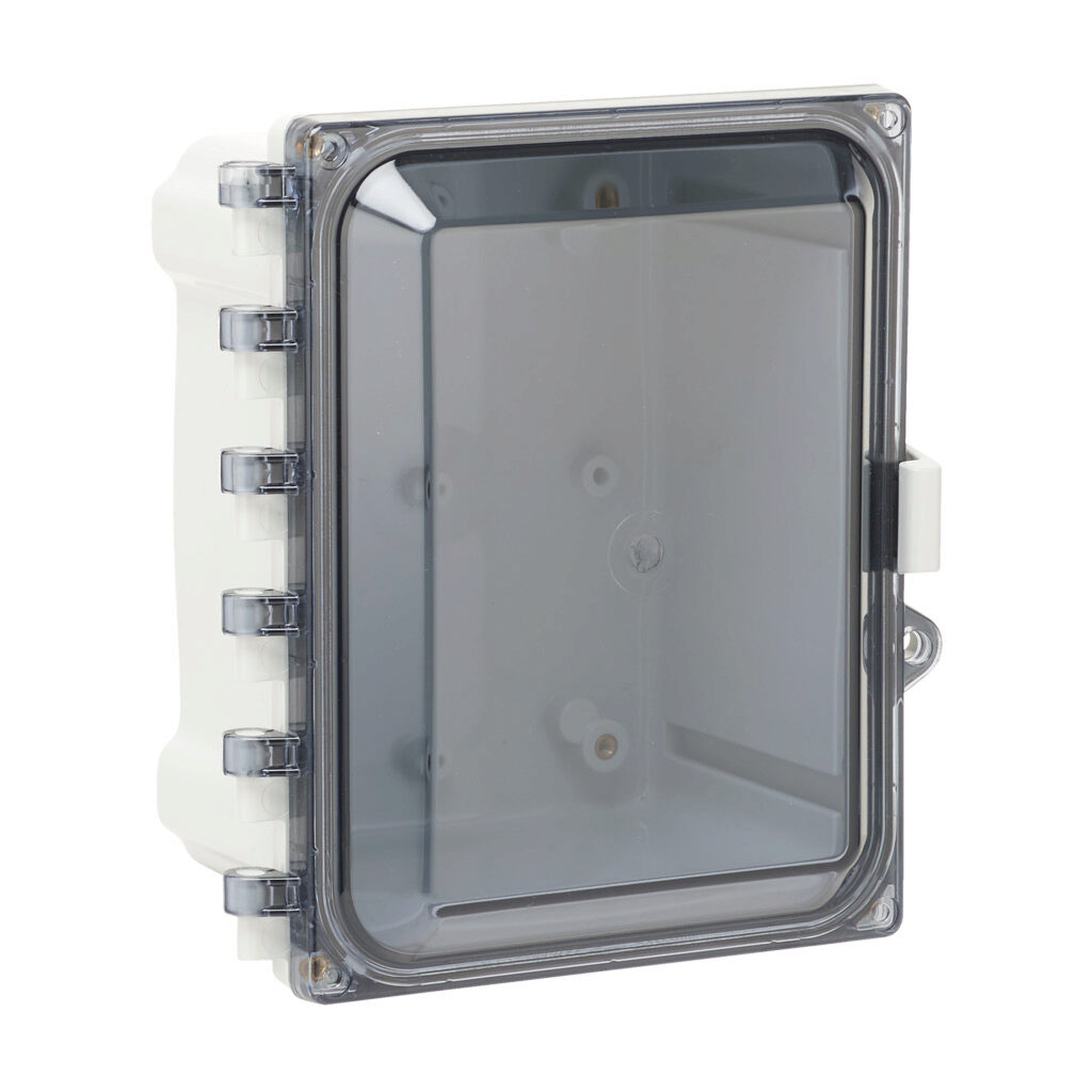 AH864C - AttaBox Heartland series enclosure, NEMA 1/3R/4/4X/12, 8 x 6 x 4in (HxWxD), wall mount, polycarbonate, Pantone 7541 C light gray, smoked polycarbonate single-door, polycarbonate quick-release latch, molded hasp.