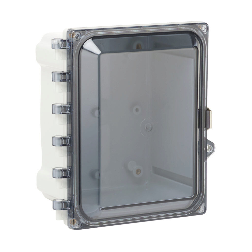AH864CSS - AttaBox Heartland series enclosure, NEMA 1/3R/4/4X/12, 8 x 6 x 4in (HxWxD), wall mount, polycarbonate, Pantone 7541 C light gray, smoked polycarbonate single-door, stainless steel quick-release latch, molded hasp.