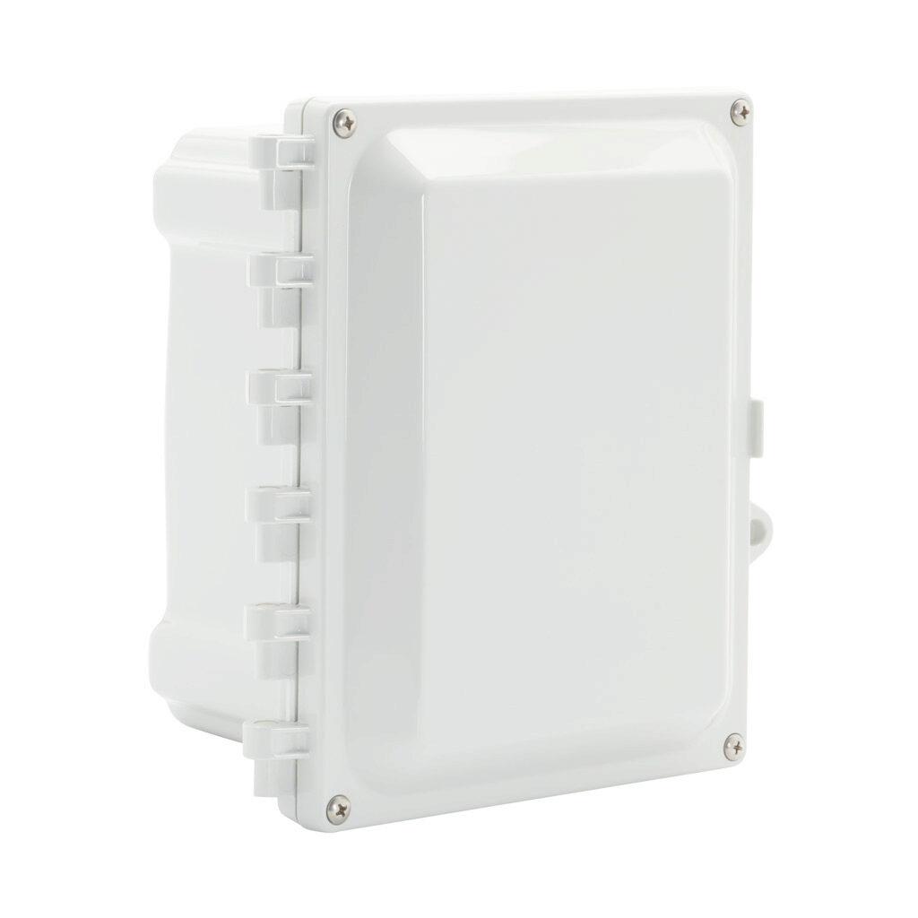 AH864HW - AttaBox Heartland series enclosure, NEMA 1/3R/4/4X/6P/12, 8 x 6 x 4in (HxWxD), wall mount, polycarbonate, Pantone 7541 C light gray, hinged screw cover, molded hasp.