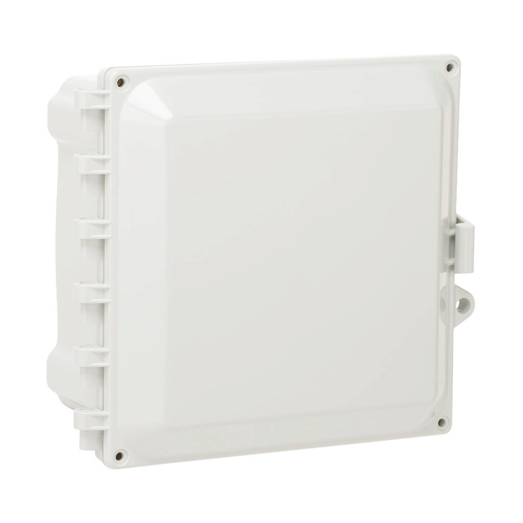 AH884 - AttaBox Heartland series enclosure, NEMA 1/3R/4/4X/12, 8 x 8 x 4in (HxWxD), wall mount, polycarbonate, Pantone 7541 C light gray, single-door, polycarbonate quick-release latch, molded hasp.