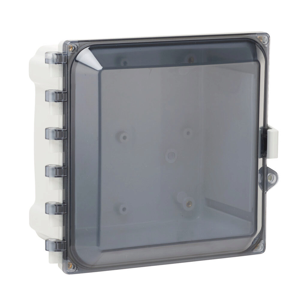 AH884C - AttaBox Heartland series enclosure, NEMA 1/3R/4/4X/12, 8 x 8 x 4in (HxWxD), wall mount, polycarbonate, Pantone 7541 C light gray, smoked polycarbonate single-door, polycarbonate quick-release latch, molded hasp.