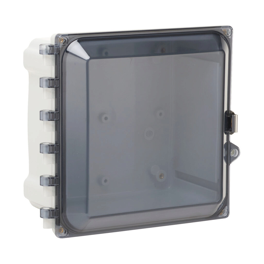 AH884CSS - AttaBox Heartland series enclosure, NEMA 1/3R/4/4X/12, 8 x 8 x 4in (HxWxD), wall mount, polycarbonate, Pantone 7541 C light gray, smoked polycarbonate single-door, stainless steel quick-release latch, molded hasp.