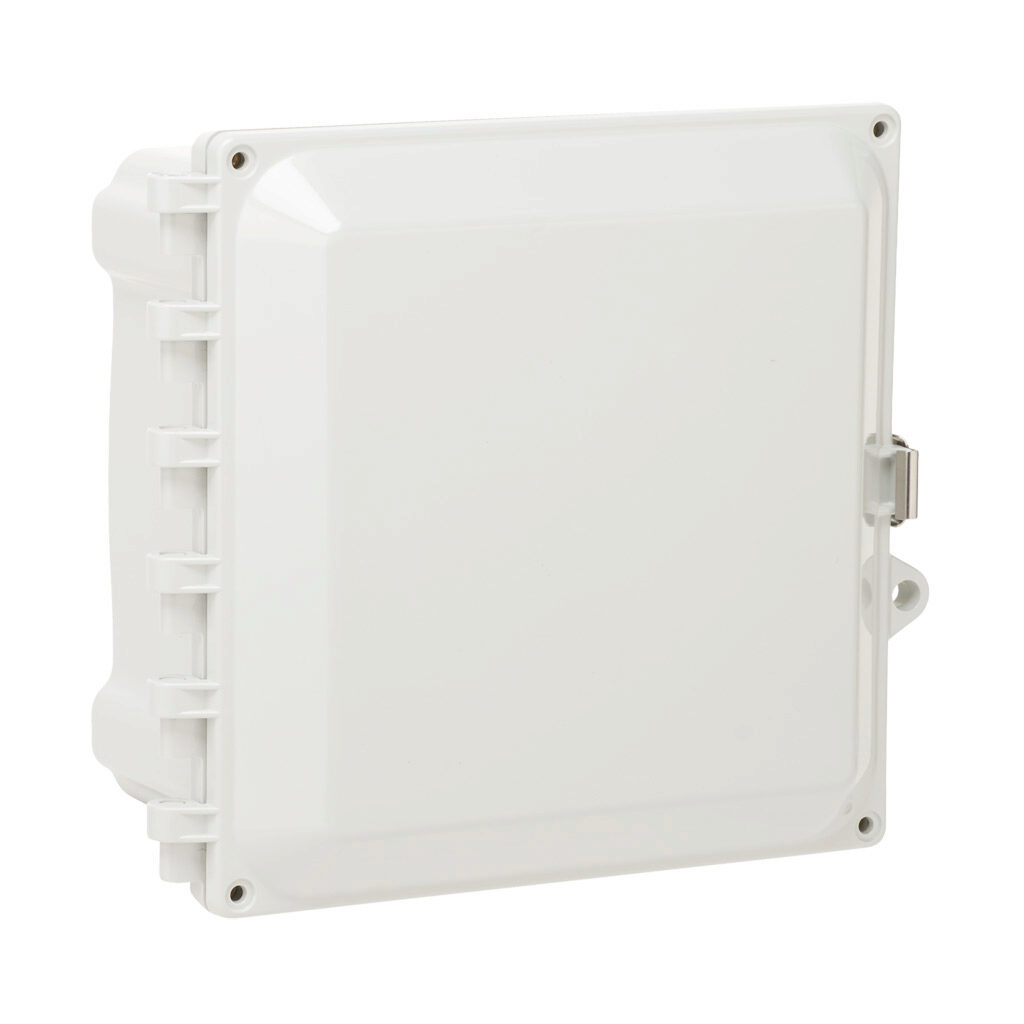 AH884SS - AttaBox Heartland series enclosure, NEMA 1/3R/4/4X/12, 8 x 8 x 4in (HxWxD), wall mount, polycarbonate, Pantone 7541 C light gray, single-door, stainless steel quick-release latch, molded hasp.