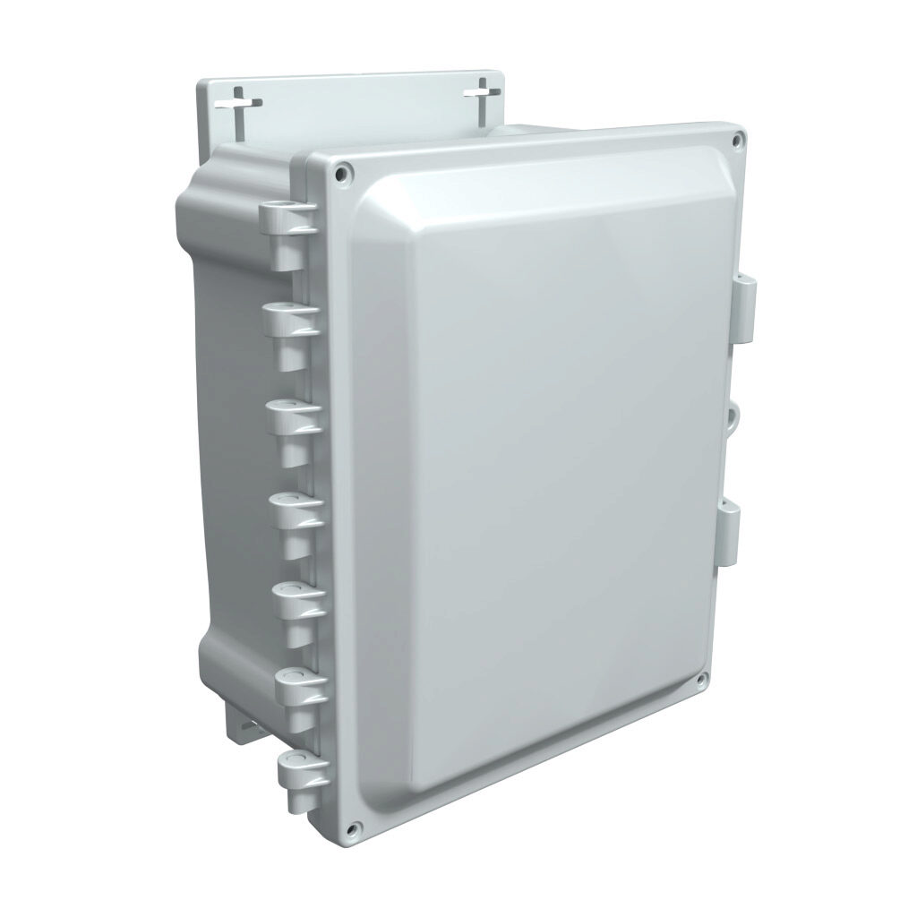 AHF1084 - AttaBox Heartland series enclosure, NEMA 1/3R/4/4X/12, 10 x 8 x 4in (HxWxD), wall mount, polycarbonate, Pantone 7541 C light gray, single-door, polycarbonate quick-release latch, molded hasp, integral mounting flange.