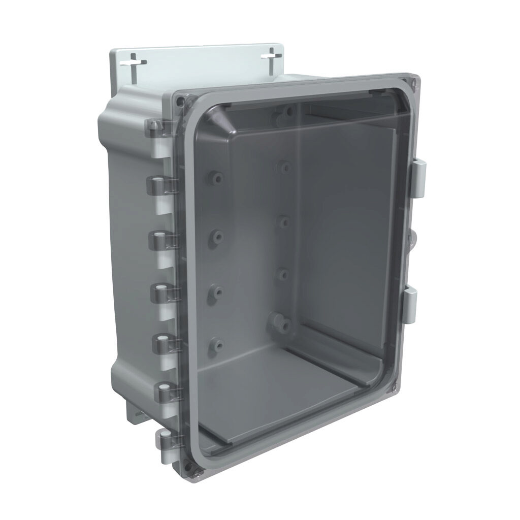 AHF1084C - AttaBox Heartland series enclosure, NEMA 1/3R/4/4X/12, 10 x 8 x 4in (HxWxD), wall mount, polycarbonate, Pantone 7541 C light gray, smoked polycarbonate single-door, polycarbonate quick-release latch, molded hasp, integral mounting flange.