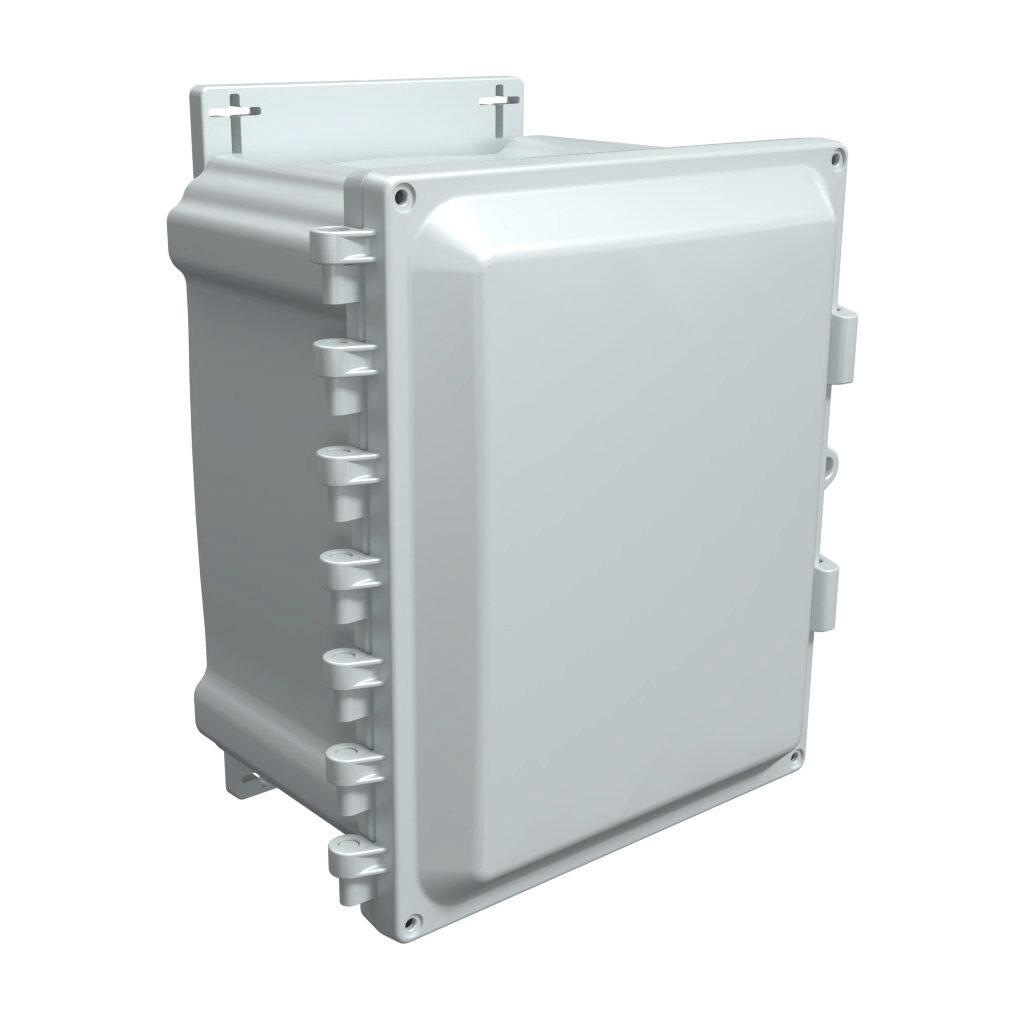 AHF1086 - AttaBox Heartland series enclosure, NEMA 1/3R/4/4X/12, 10 x 8 x 6in (HxWxD), wall mount, polycarbonate, Pantone 7541 C light gray, single-door, polycarbonate quick-release latch, molded hasp, integral mounting flange.