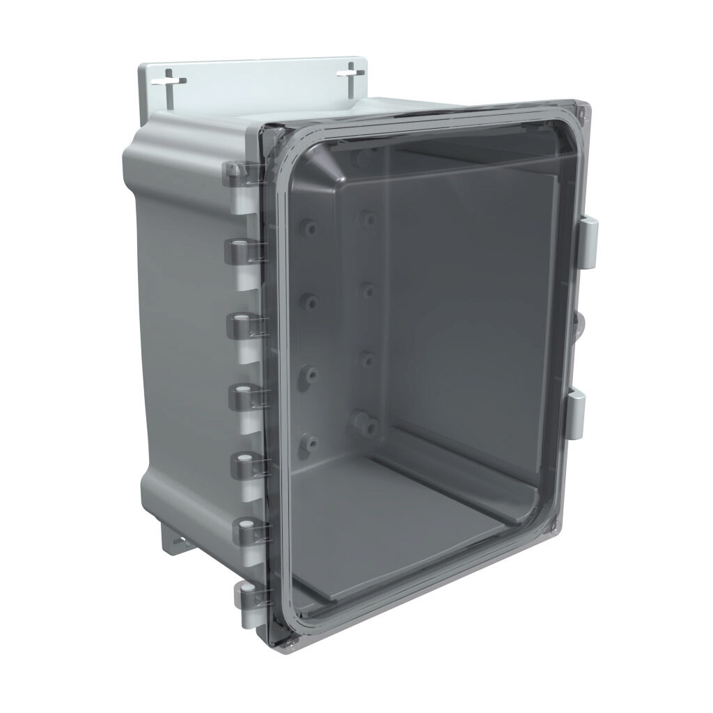 AHF1086C - AttaBox Heartland series enclosure, NEMA 1/3R/4/4X/12, 10 x 8 x 6in (HxWxD), wall mount, polycarbonate, Pantone 7541 C light gray, smoked polycarbonate single-door, polycarbonate quick-release latch, molded hasp, integral mounting flange.