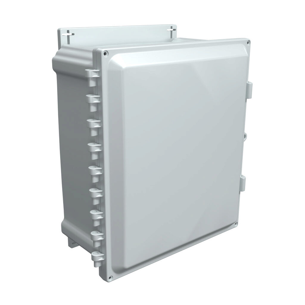 AHF14126 - AttaBox Heartland series enclosure, NEMA 1/3R/4/4X/12, 14 x 12 x 6in (HxWxD), wall mount, polycarbonate, Pantone 7541 C light gray, single-door, polycarbonate quick-release latch, molded hasp, integral mounting flange.