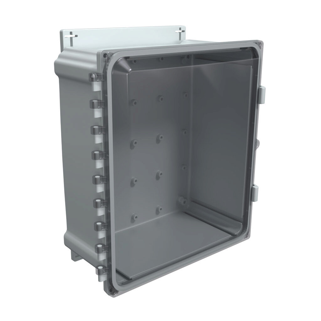 AHF14126C - AttaBox Heartland series enclosure, NEMA 1/3R/4/4X/12, 14 x 12 x 6in (HxWxD), wall mount, polycarbonate, Pantone 7541 C light gray, smoked polycarbonate single-door, polycarbonate quick-release latch, molded hasp, integral mounting fla...