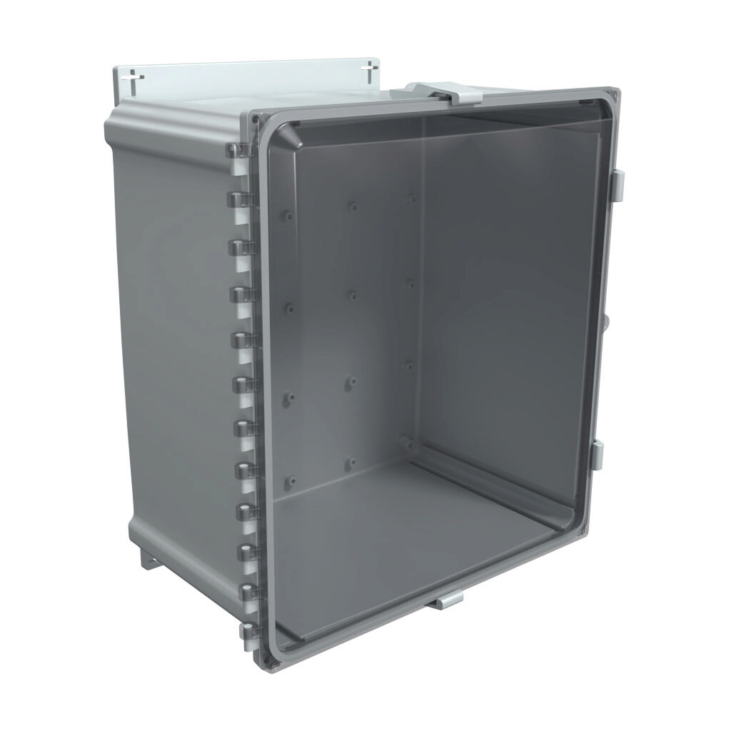 AHF181610C - AttaBox Heartland series enclosure, NEMA 1/3R/4/4X/12, 18 x 16 x 10in (HxWxD), wall mount, polycarbonate, Pantone 7541 C light gray, smoked polycarbonate single-door, polycarbonate quick-release latch, molded hasp, integral mounting f...
