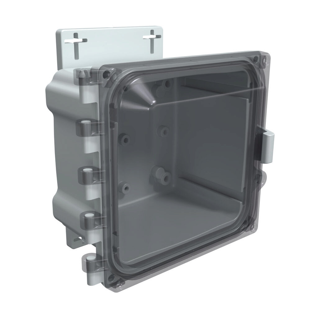 AHF664C - AttaBox Heartland series enclosure, NEMA 1/3R/4/4X/12, 6 x 6 x 4in (HxWxD), wall mount, polycarbonate, Pantone 7541 C light gray, smoked polycarbonate single-door, polycarbonate quick-release latch, molded hasp, integral mounting flange.