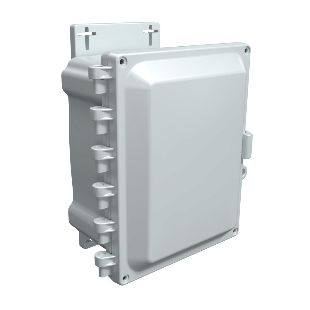 AHF864 - AttaBox Heartland series enclosure, NEMA 1/3R/4/4X/12, 8 x 6 x 4in (HxWxD), wall mount, polycarbonate, Pantone 7541 C light gray, single-door, polycarbonate quick-release latch, molded hasp, integral mounting flange.
