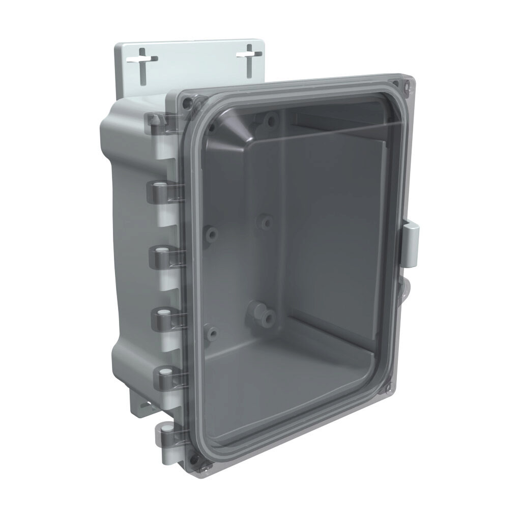 AHF864C - AttaBox Heartland series enclosure, NEMA 1/3R/4/4X/12, 8 x 6 x 4in (HxWxD), wall mount, polycarbonate, Pantone 7541 C light gray, smoked polycarbonate single-door, polycarbonate quick-release latch, molded hasp, integral mounting flange.