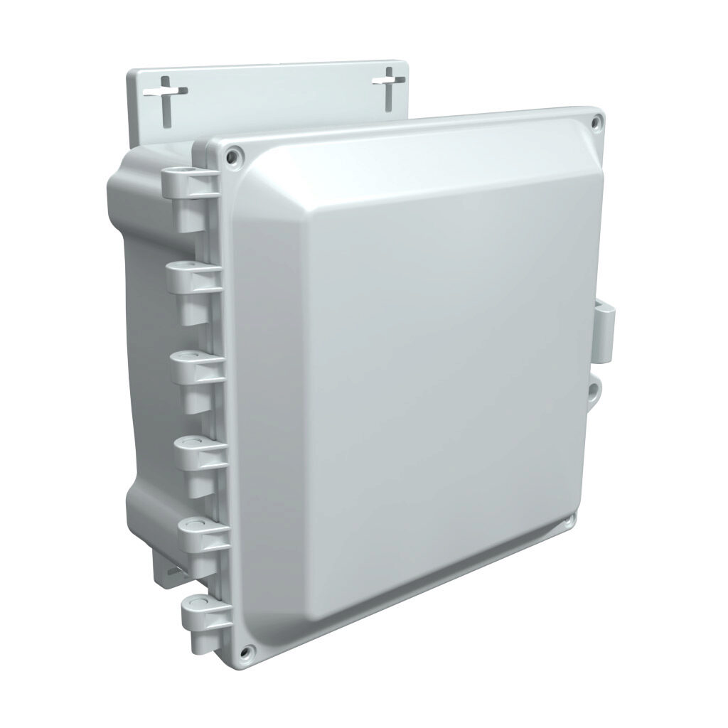 AHF884 - AttaBox Heartland series enclosure, NEMA 1/3R/4/4X/12, 8 x 8 x 4in (HxWxD), wall mount, polycarbonate, Pantone 7541 C light gray, single-door, polycarbonate quick-release latch, molded hasp, integral mounting flange.
