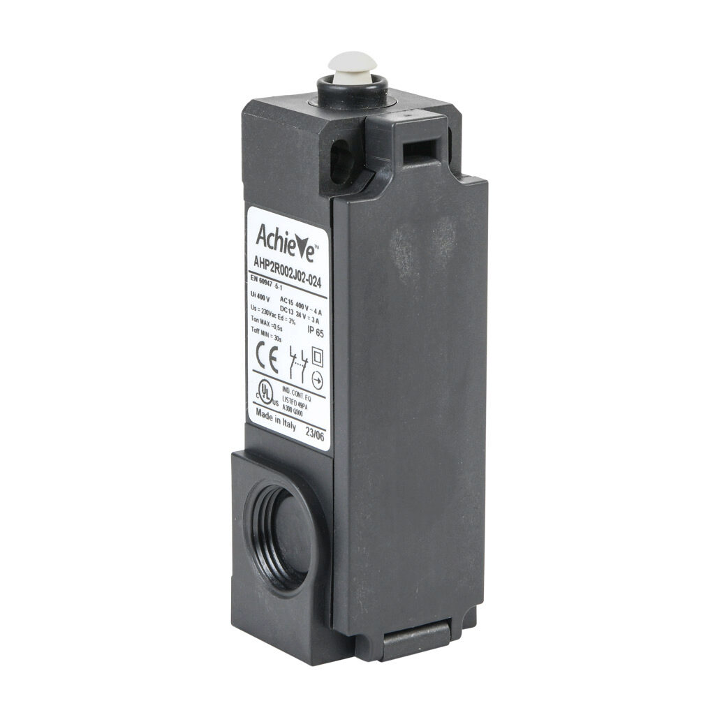 AHP2R002J02-024 - AchieVe IEC limit switch, plastic plunger, (2) N.C. contact(s), snap action, solenoid or manual reset, 20-22mm hole spacing, plastic, (2) PG11 and (1) 1/2in NPT cable entries.